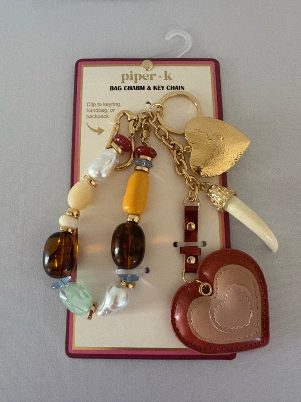 Piper K beaded bag charm and key chain. Heart Locket, Heart Faux Leather